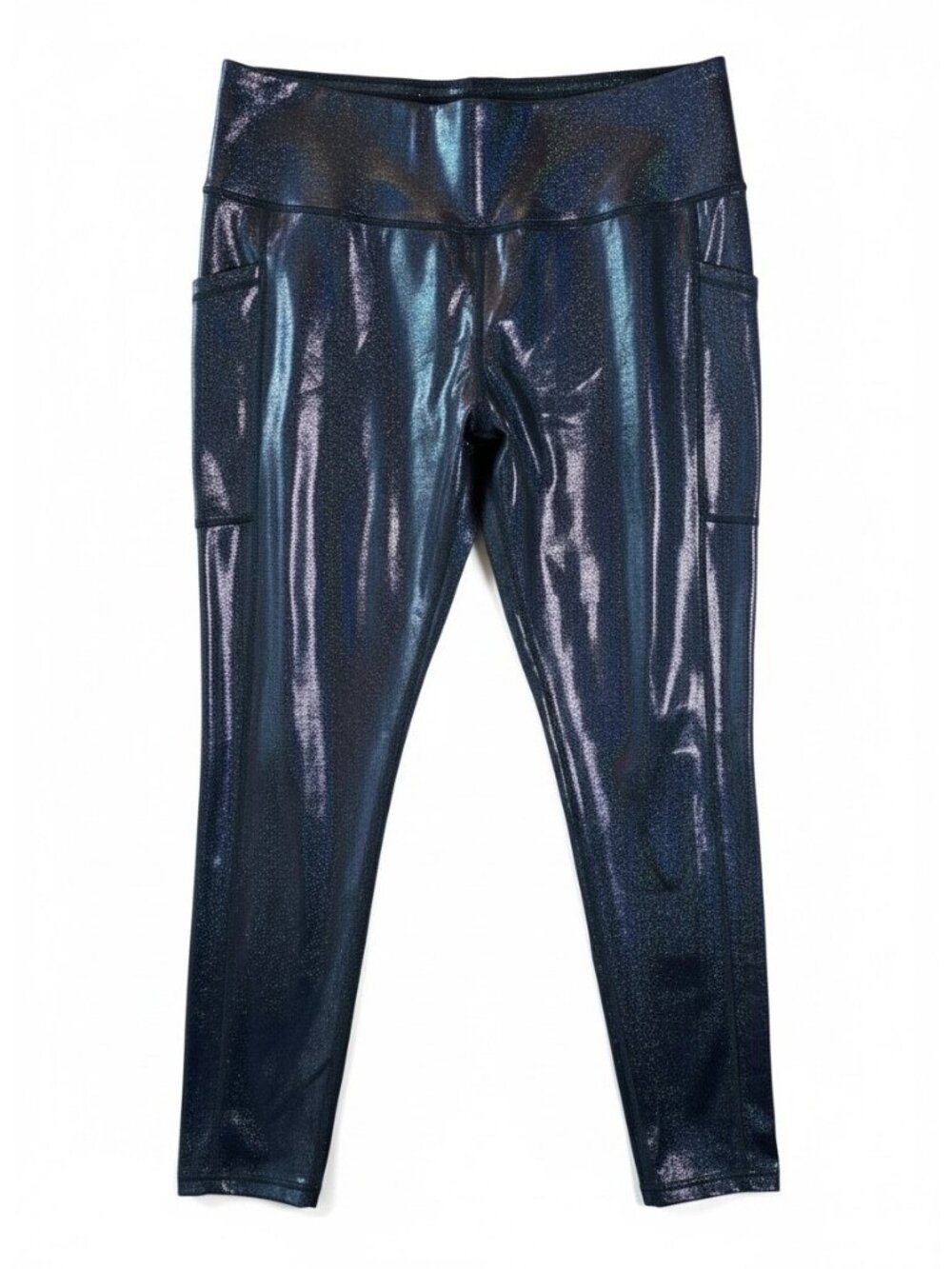 CVG Navy Holographic Shimmer Pocket Leggings XL High Rise Workout Athletic